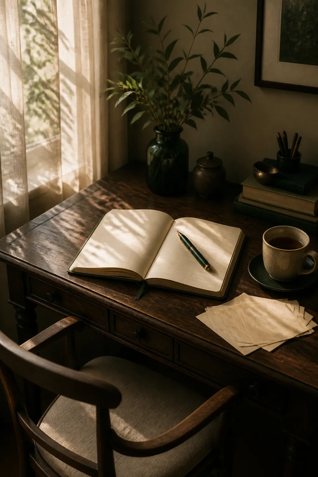A writer's desk with a journal, fountain pen, and afternoon light
